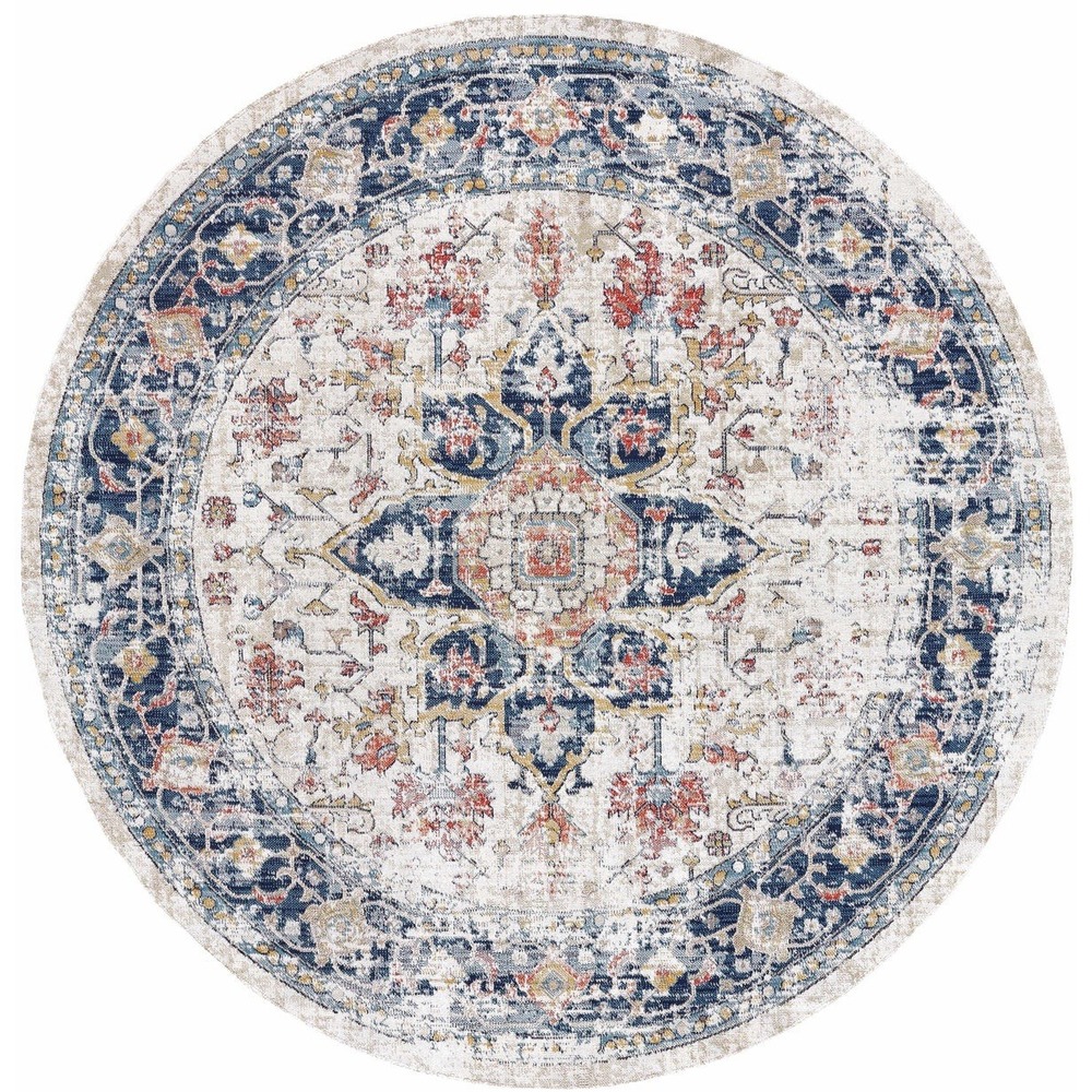 Retro Vintage Round Area Rug 5x5 Oriental Boho Washable Blue Cream